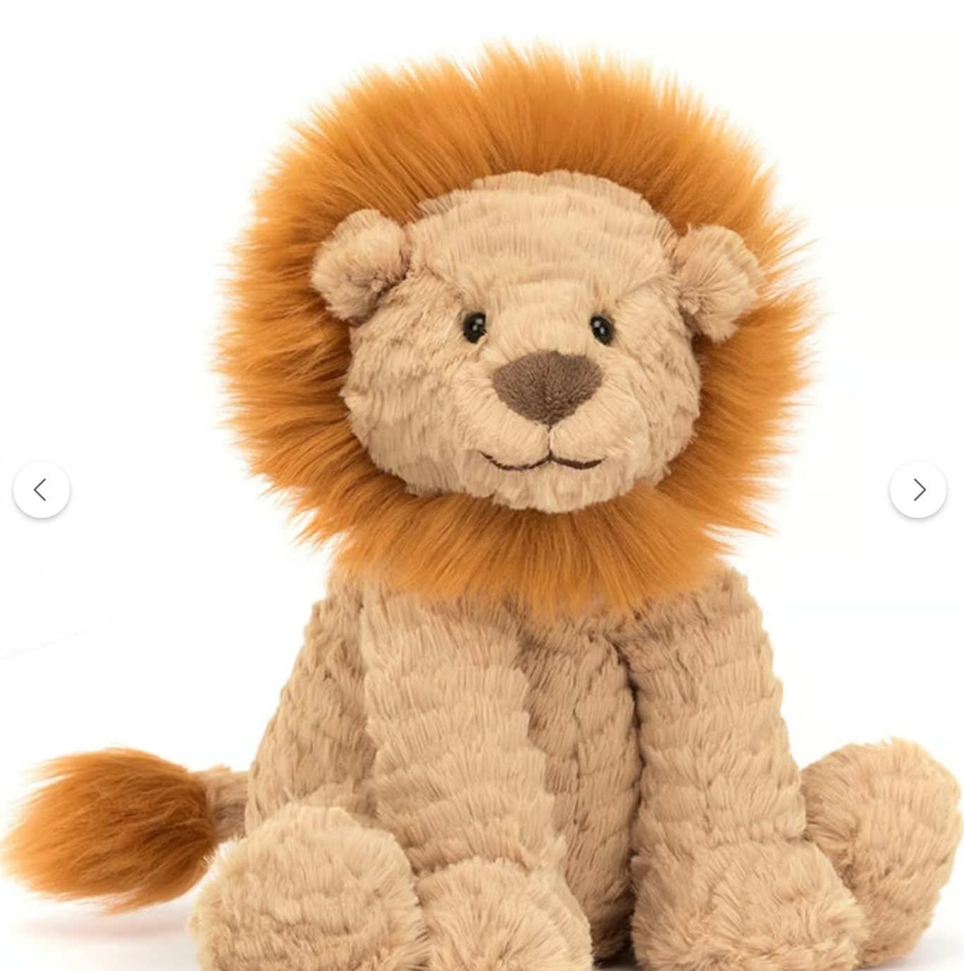 Photograph of a small stuffed lion plush on a plain background